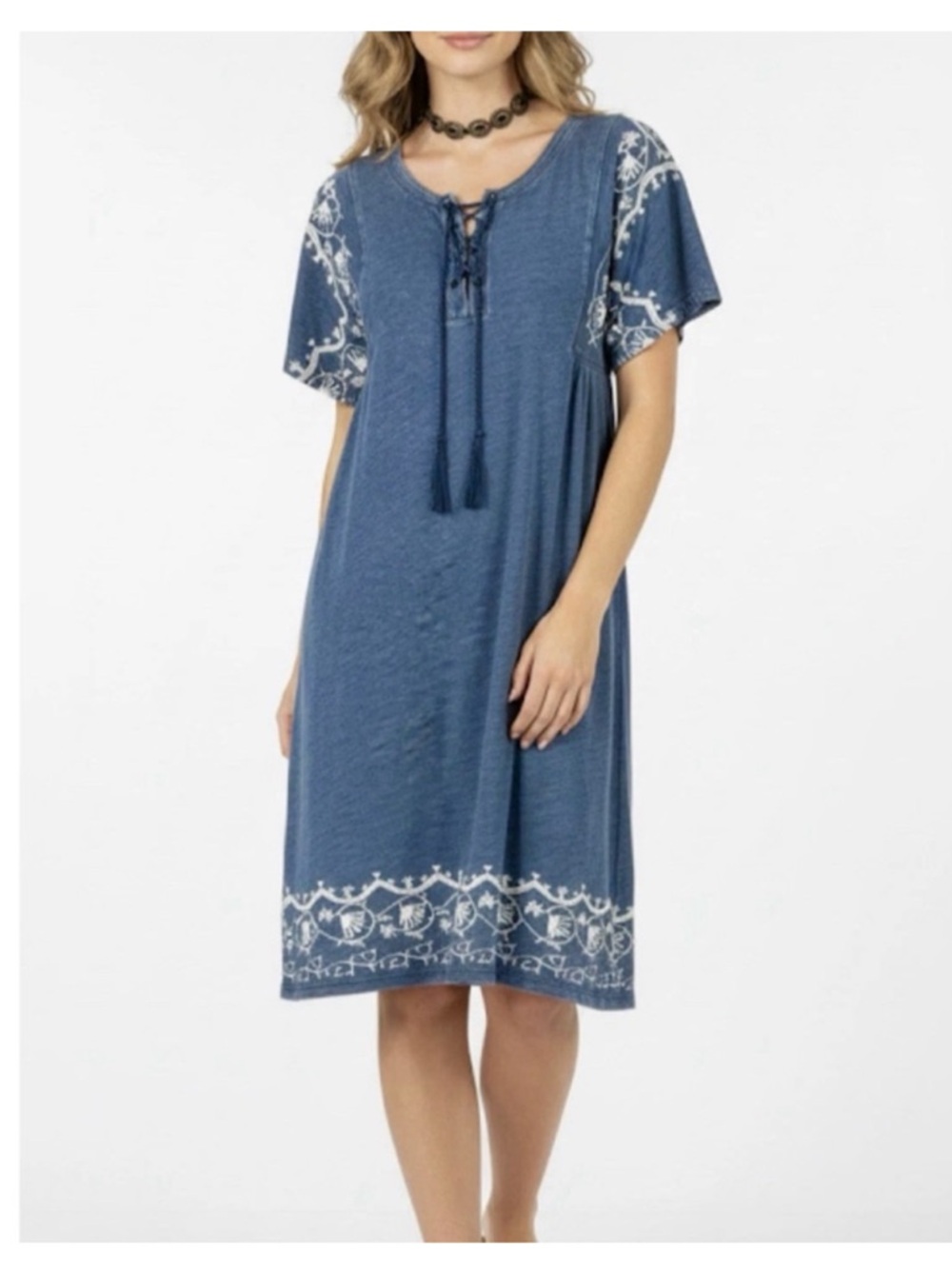 Loft Blue Embroidered Lace-Up Dress M